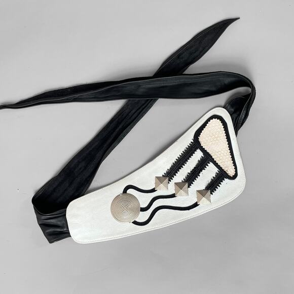 80s Wide Leather Maximalist Tie-Around Belt Boho Patchwork Studded New Wave - Picture 2 of 4